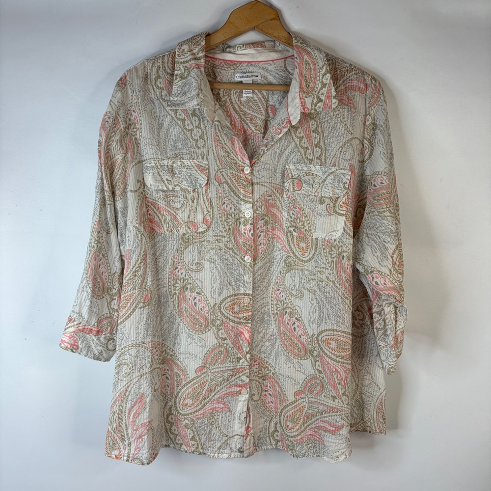 Croft & Barrow Button Down Shirt Women 2X White Pink Paisley 3/4 Roll Tab Sleeve